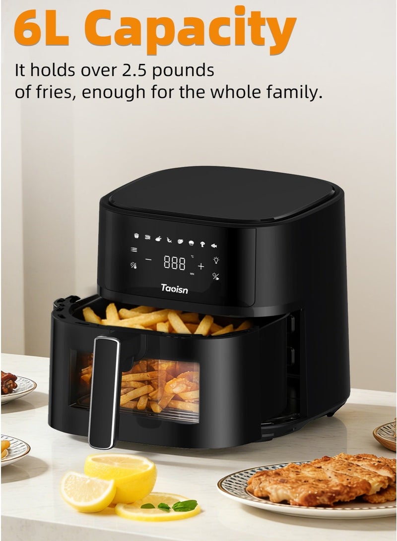 ماركة TAOISN قلاية هوائية 6 لتر 1700 واط مع نافذة شفافة للمراقبة، شاشة لمس رقمية، 8 برامج مسبقة، تحكم بدرجة الحرارة 80–200°م، هواء ساخن بتدوير 360°، سهلة التنظيف، مع صينية سيليكون وملقط - Image 2